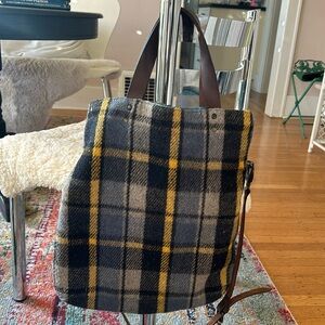 Anthropologie leather and plaid wool tote bag